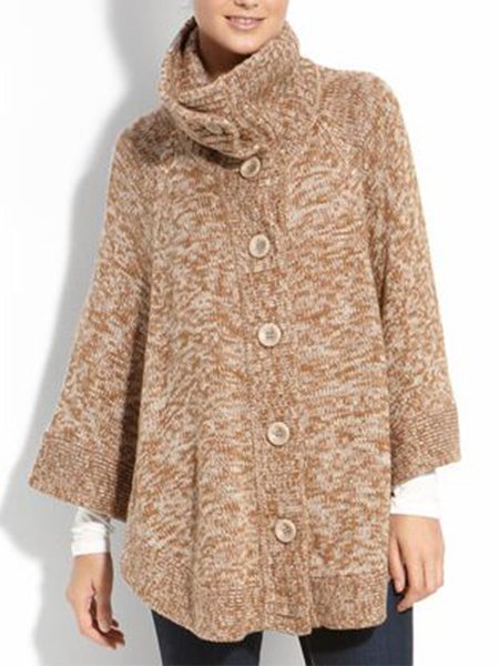 Long Sleeve High Neck Solid Casual Sweater, Camel, Pullovers