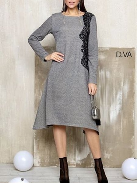 

Casual Vintage Simple Basic Daily Dress, Gray, Midi Dresses