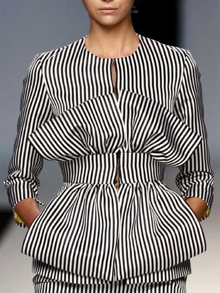 

Long Sleeve Striped Crew Neck Work Top, Black, Blouses and Shirts