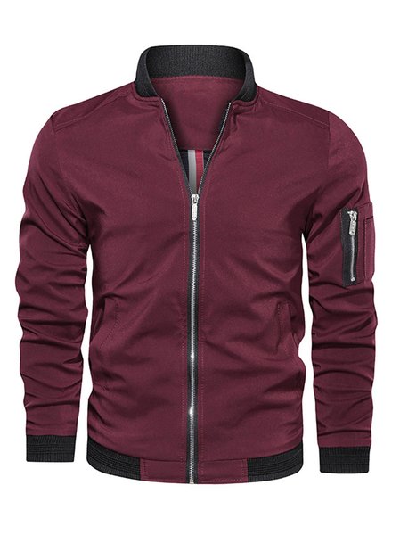 

Casual Solid Full-zip Bomber Jackets, Wine red, Jacket