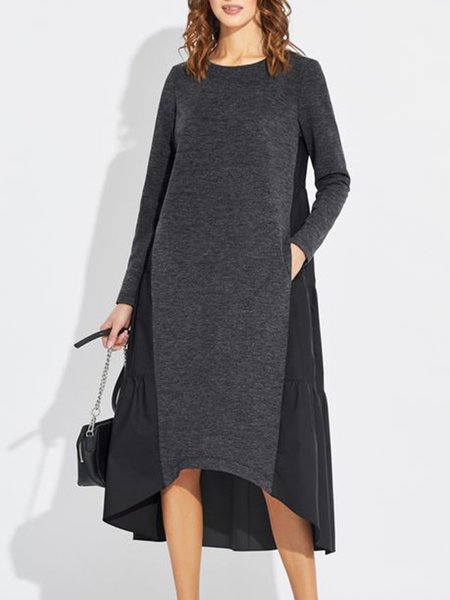 

Vintage Casual Simple Basic Daily Solid Dress, Gray, Midi Dresses