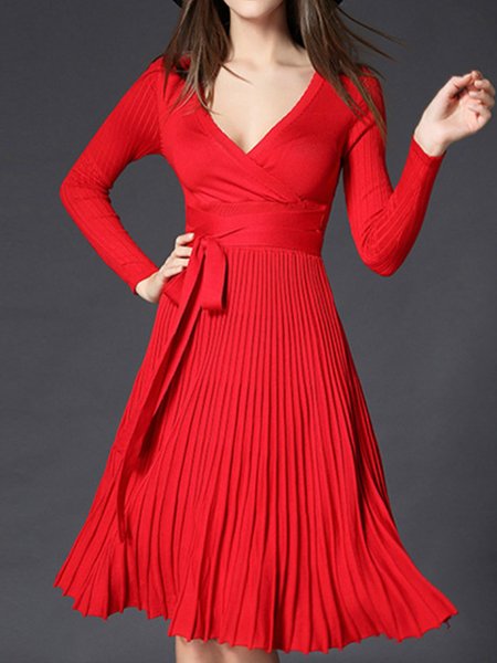 

Long Sleeve Plain Elegant V Neck Sweater, Red, Midi Dresses