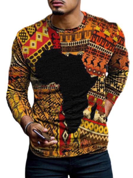 

Map vintage print round neck long-sleeved T-shirt, White, Men's shirts