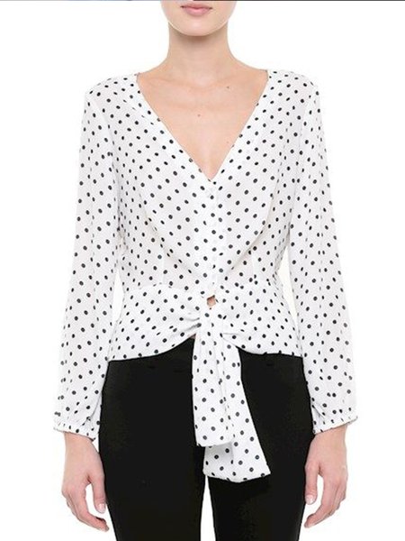 

Long Sleeve V Neck Polka Dots Lady Top, White, Blouses and Shirts