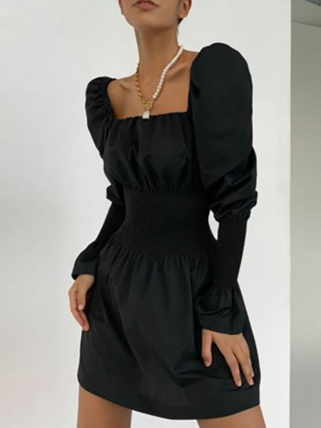 

Long Sleeve Square Neck Plain Mini Dress, As picture, Mini Dresses