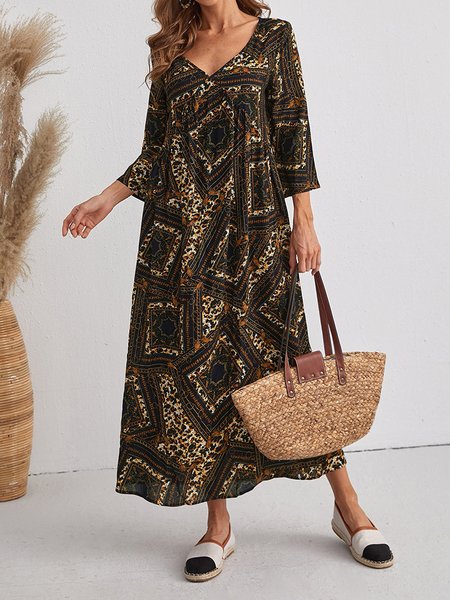 

Cotone Geometrico Abito, Nero, Maxi Dresses