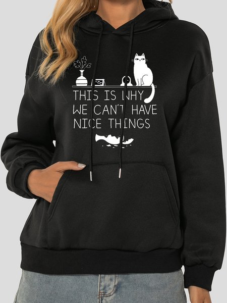 

Funny cat print hooded long-sleeved polyester sweatshirt, Black, Hoodies