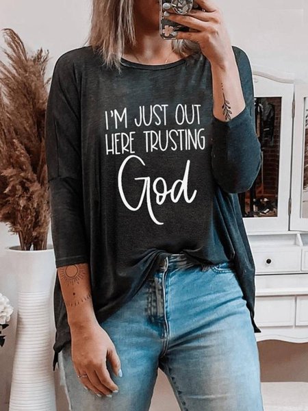 

Casual Long Sleeve Crew Neck Printed Top, Black, T-Shirts
