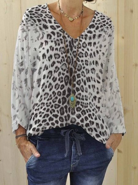 

Casual Long Sleeve V Neck Top, Leopard, Tops