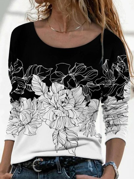 

Floral Casual Crew Neck Long Sleeve Tops, As picture, Long sleeve tops