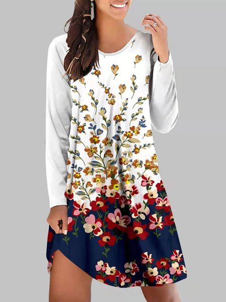 

Vintage Floral Printed Long Sleeves Dresses, White, Mini Dresses