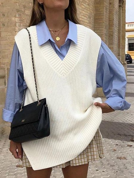 

Plain V neck Sleeveless Simple Sweater, White, Pullovers