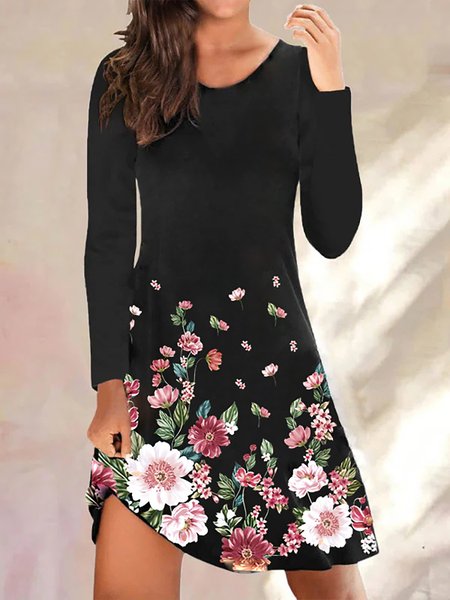 

Vintage Stampata Floreale Maniche Lunghe Abito, Nero, Mini Dresses
