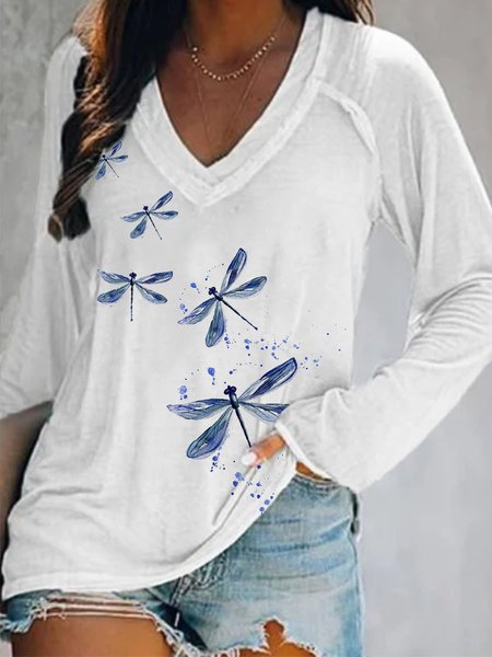 

Casuale Cotone miscele Libellula Stampato Top, Bianco, T-Shirts