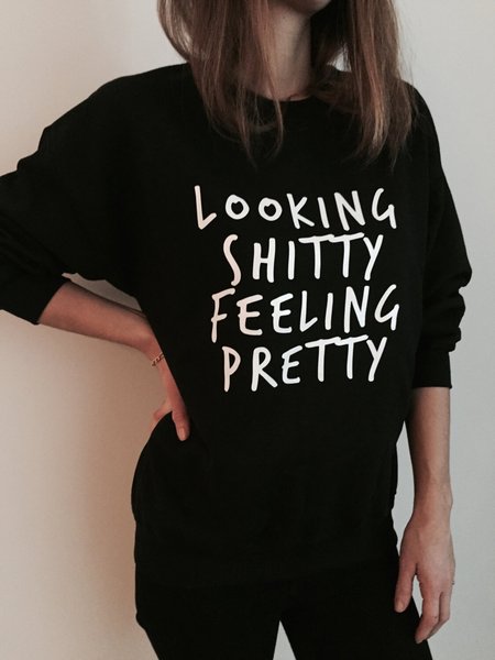 

Letter Print Casual Basic Loose Crew Neck Sweatshirt, Black, Hoodies & Sweatshirts