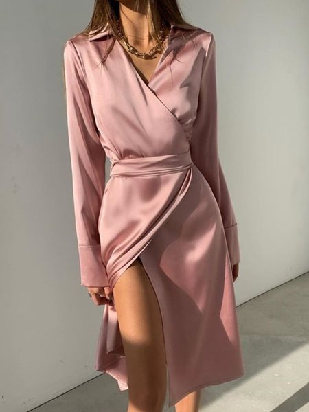 

Long Sleeve Elegant Solid Midi Dress, Pink, Midi Dresses