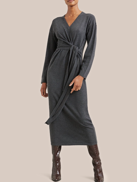 

Fall Elegant Lady Date Formal Mid-weight High Stretch Dresses, Deep gray, Midi Dresses