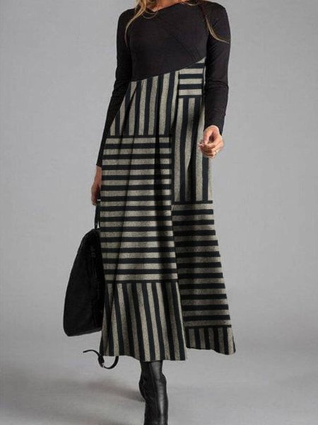 

Casual Long Sleeve Striped Dresses, Black, Maxi Dresses