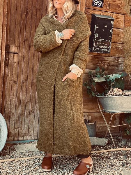 

Casual Solid Long Sleeve Outerwear, Khaki, Cardigans