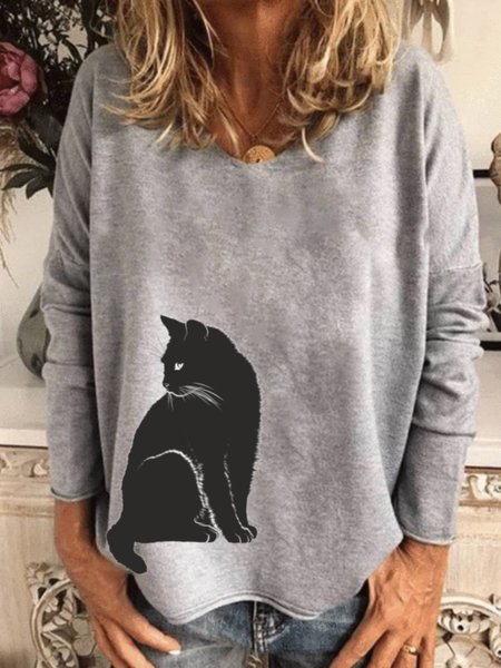 

Casual Long Sleeve Crew Neck Printed Top, Gray, T-Shirts
