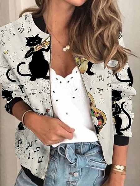 

Cat And Music Notation Off Shoulder Cotton Blends Outerwear, Gray, Jackets
