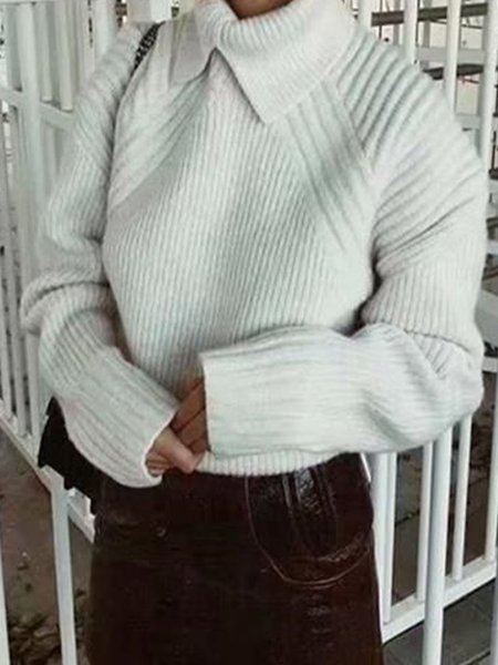 

Long Sleeve Plain Casual Sweater, White, Pullovers