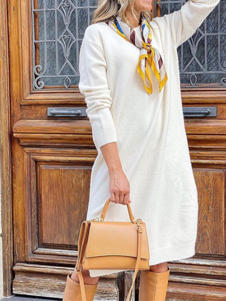 

Solid Elegant Long sleeve V Neck Sweater, White, Mini Dresses