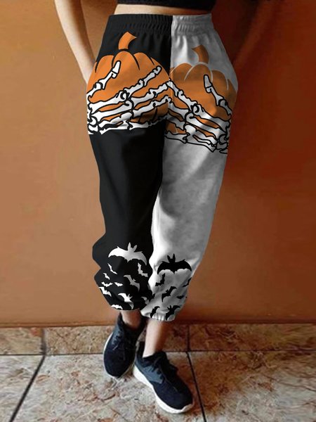 

Halloween Pumpkin Skeleton bat Two Tone Pants, Black-grey, Pants