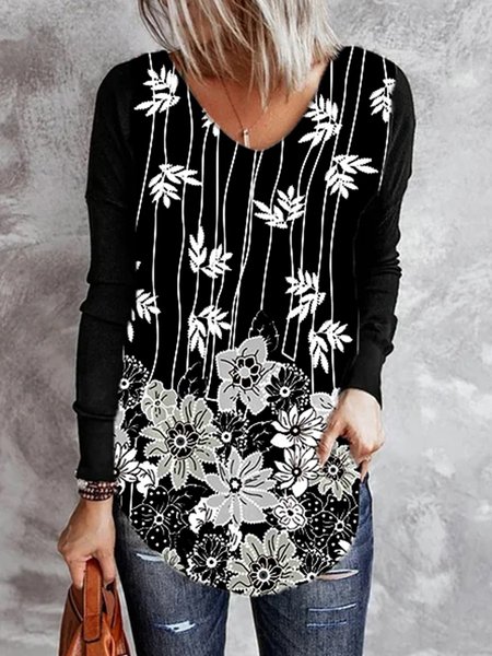 

Casual Floral Tops, Black, Tops