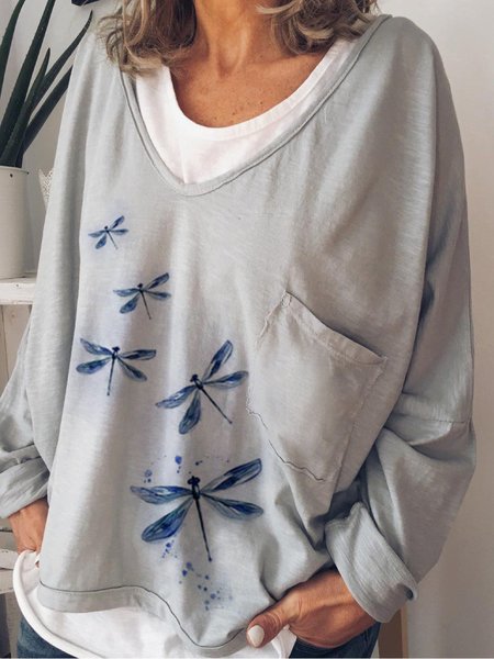 

Dragonfly print casual basic personality long-sleeved T-shirt, Gray, T-Shirts