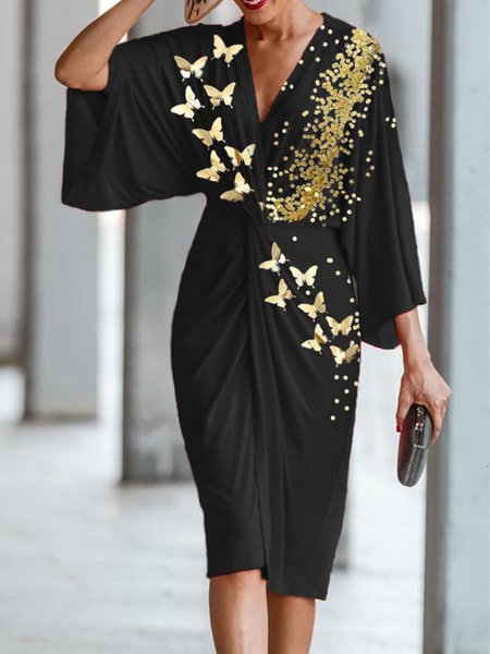 

V Neck Three Quarter Elegant Midi Dress, Black, Mini Dresses