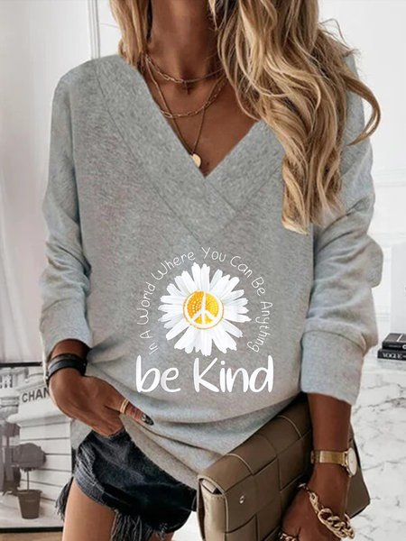 

Casual Floral V-neck Long Sleeves Sweatshirt, Gray, Hoodies & Sweatshirts