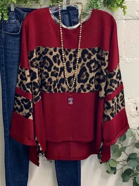 

Vintage Leopard Crew Neck Cotton-Blend Shirts & Tops, Brick red, Blouses & Shirts
