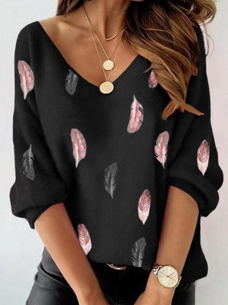 

Nero Casuale Stampato Maniche Lunghe Top, Blouses & Shirts