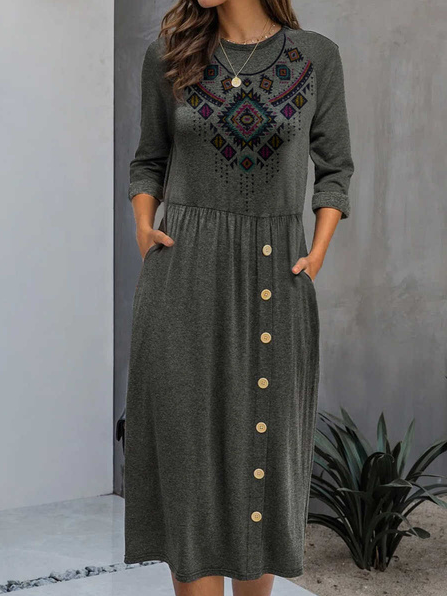 

Long Sleeve Shift Tribal Casual Dresses, Gray, Boho dresses