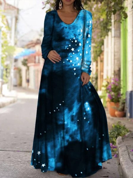 

Casual Long Sleeve V-Neck Printed Dress, Blue, Maxi Dresses