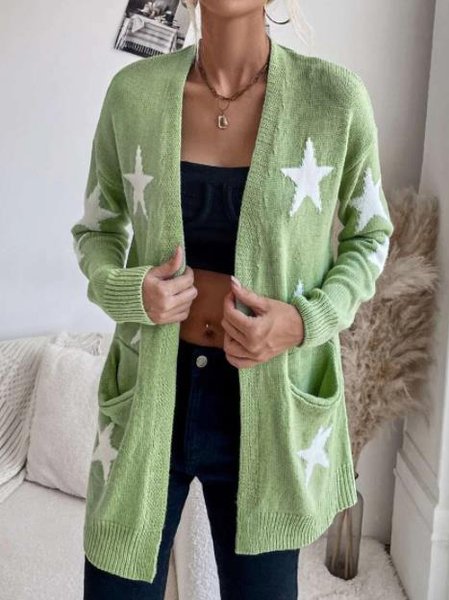 

Star Pockets Off Shoulder Long Sleeve Outerwear, Green, Cardigans
