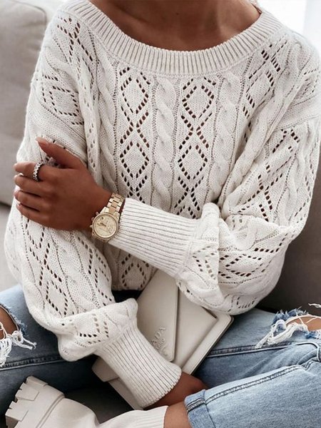 

Casual Daily Eyelet Crew Neck Sweater, Apricot, Pullovers