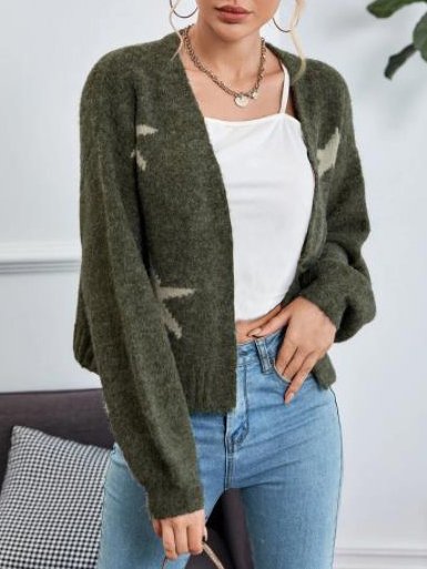 

Star Casual Long Sleeve Off Shoulder Outerwear, Army green, Cardigans