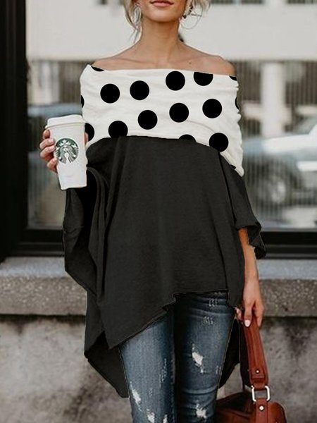 

Polka Dots Off Shoulder Loosen Lady Top, Black, Blouses and Shirts