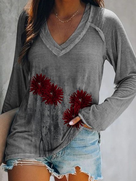 

Long Sleeve V-neck Floral Casual Shirts & Tops, As picture, T-Shirts
