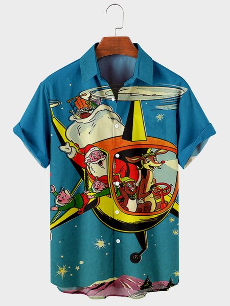 Casual Short Sleeve Christmas Shirts, Navy blue, Shirts ＆ Blouse