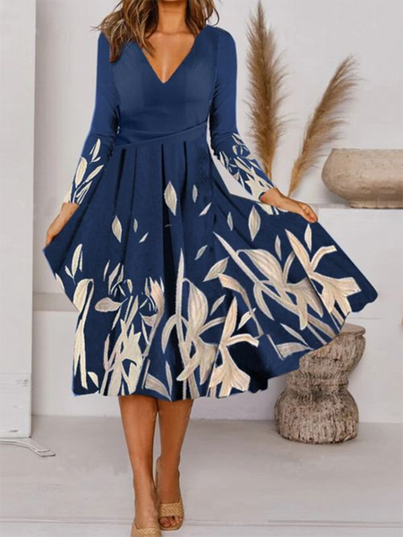 

Maniche Lunghe Stampato Gonna Casuale, Come immagine, Midi Dresses