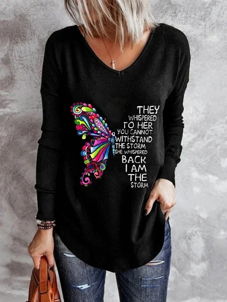 

Casual Long Sleeve V Neck Plus Size Printed Tops T-shirts, Black, T-Shirts