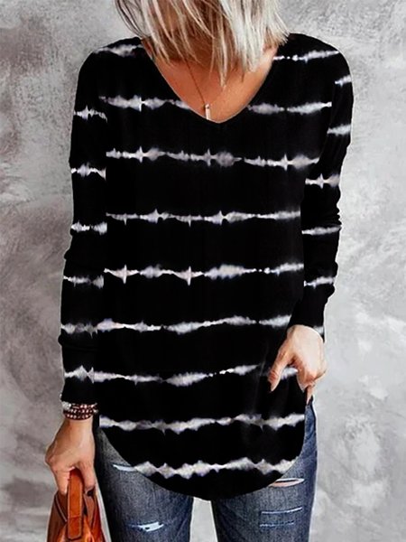 

Vintage Tie-dyed Striped Printed Long Sleeve V Neck Plus Size Casual Tops, Black, T-Shirts