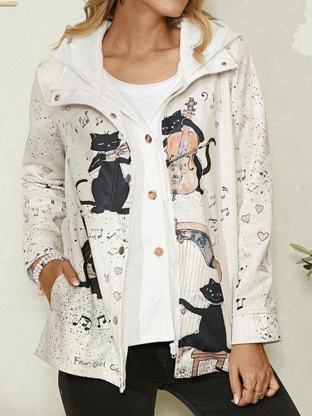 

Casual Animal Printed Zipper Hooded Outerwear, White, Coats