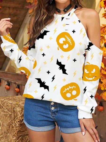 

Halloween Bat & Pumpkin Cold Shoulder Top, White, Long sleeve tops