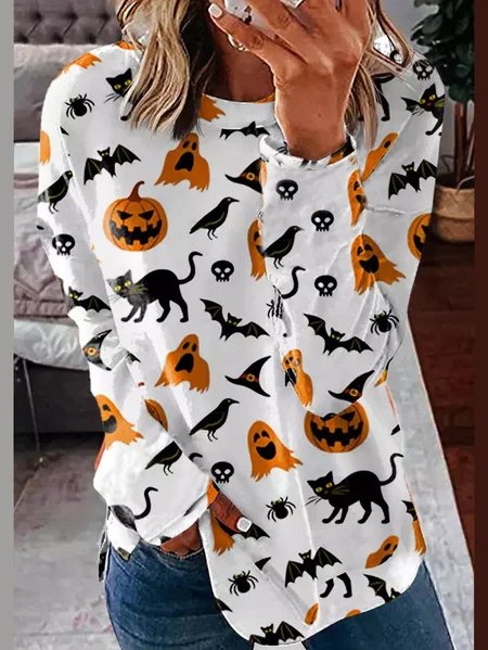 

Fun Halloween Pattern Printing Crew Neck Sleeve Printed T-shirt, As picture, Long sleeves