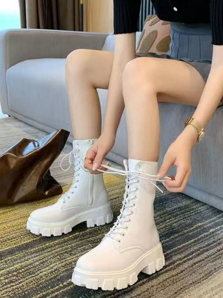 

Block Heel Pu Combat Boots, White, Boots