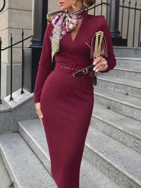 

Elegant Formal V Neck Long Sleeve Dress, Wine red, Midi Dresses